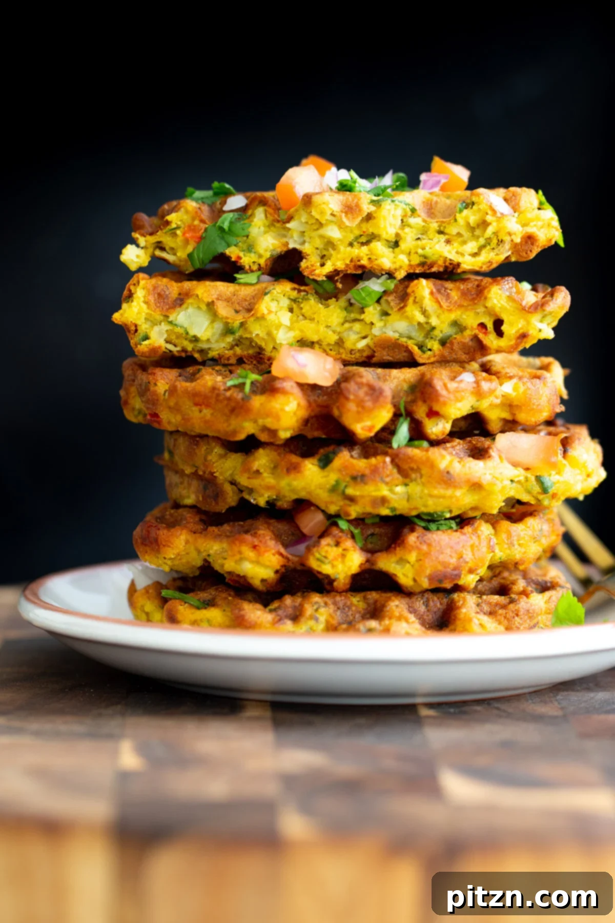 chickpea flour waffles stacked vegan chickpea flour waffles against a black background