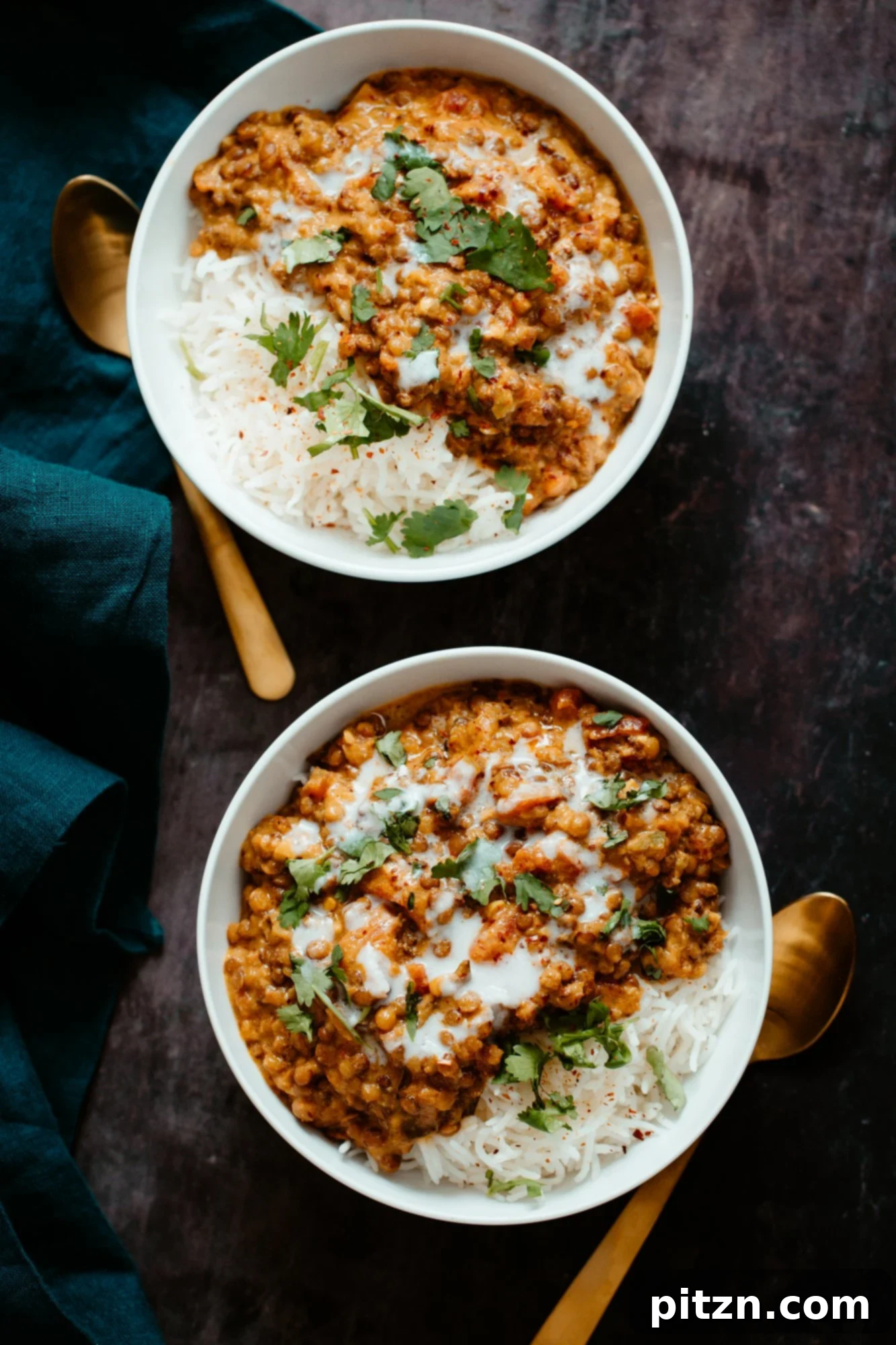 Indian Lentil Casserole Creamy Indian-inspired Lentil Casserole served over rice in two elegant bowls, ready to be enjoyed.