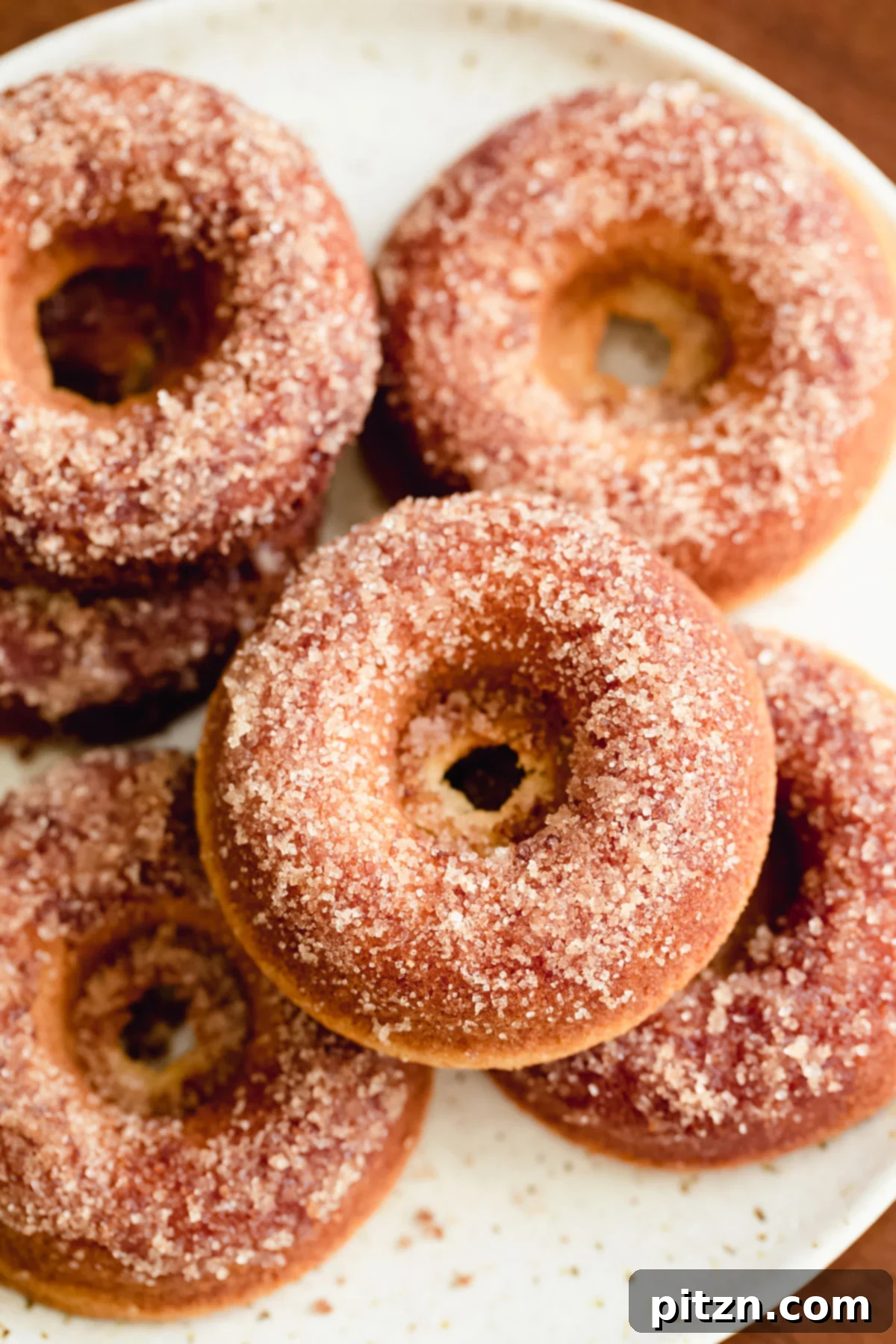 Gluten-Free Vanilla Donuts with Cinnamon Sugar A beautifully arranged plate of golden-brown gluten-free vanilla donuts, generously coated with sparkling cinnamon sugar. The donuts are perfectly round with a hole in the center, hinting at their soft, fluffy texture. Ideal for breakfast or a sweet treat.
