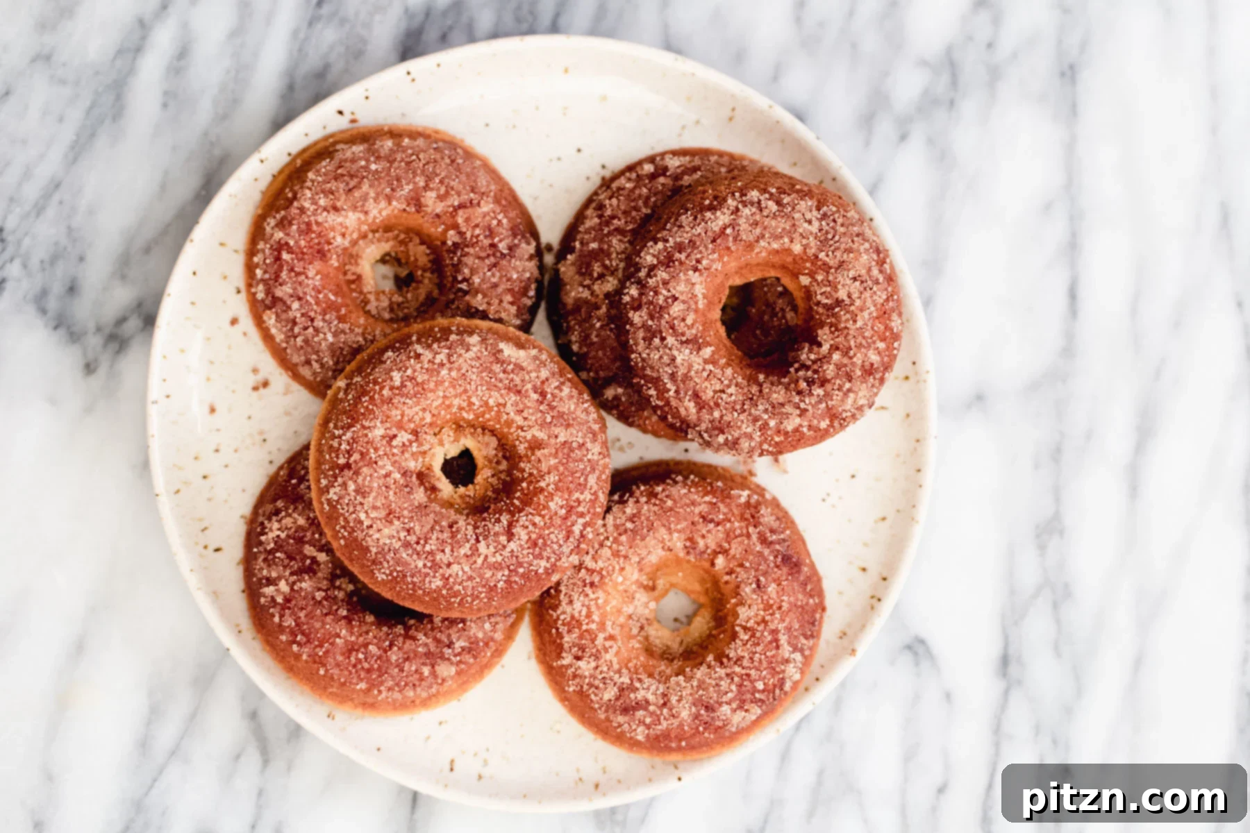 Cinnamon Sugar Gluten-Free Donuts A close-up of a white plate holding several freshly baked gluten-free vanilla donuts, each perfectly coated in a sweet cinnamon sugar topping, highlighting their appealing texture and inviting aroma.