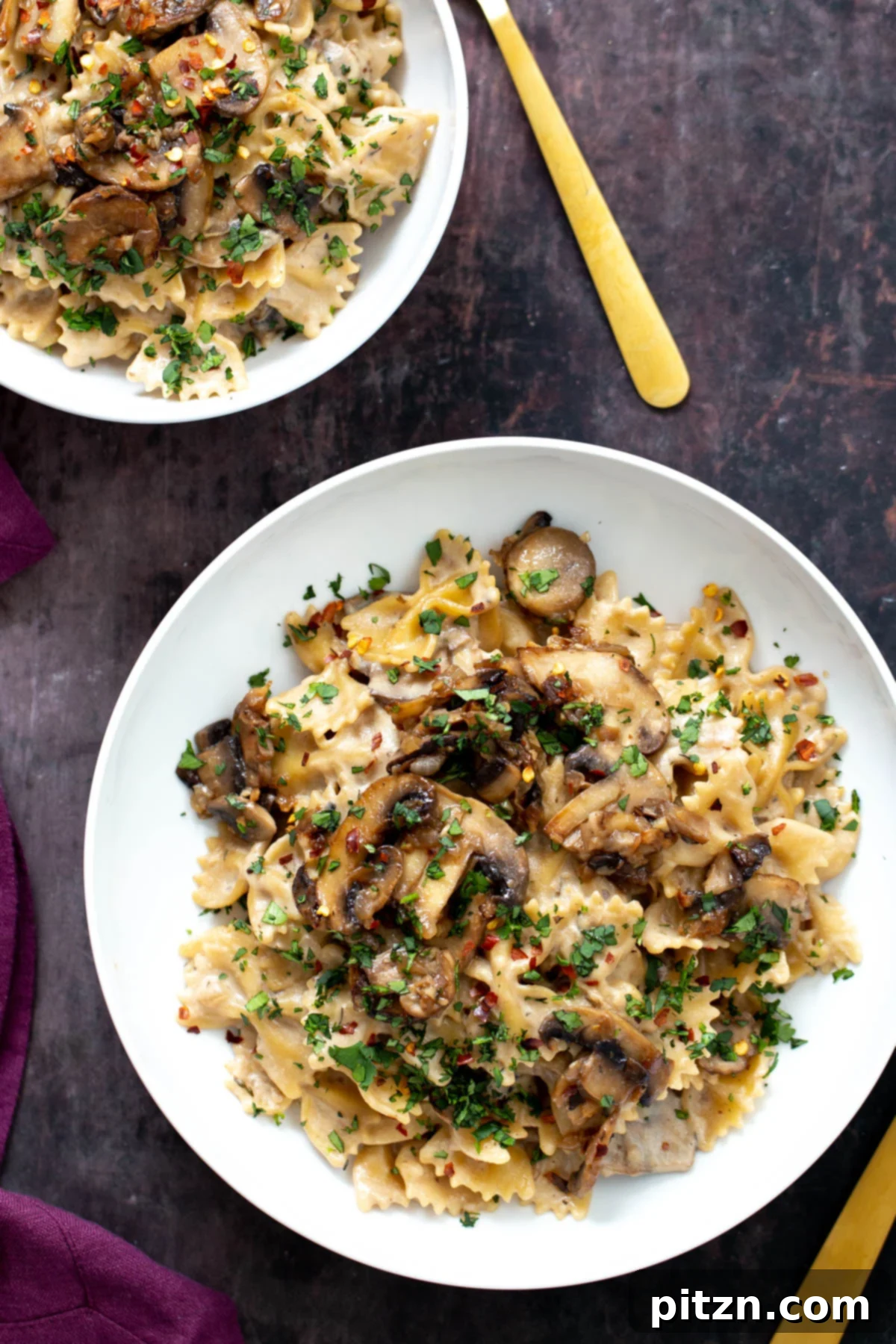 vegan mushroom stroganoff overhead shot of two plates of vegan mushroom stroganoff served on farfalle topped with chopped parsley