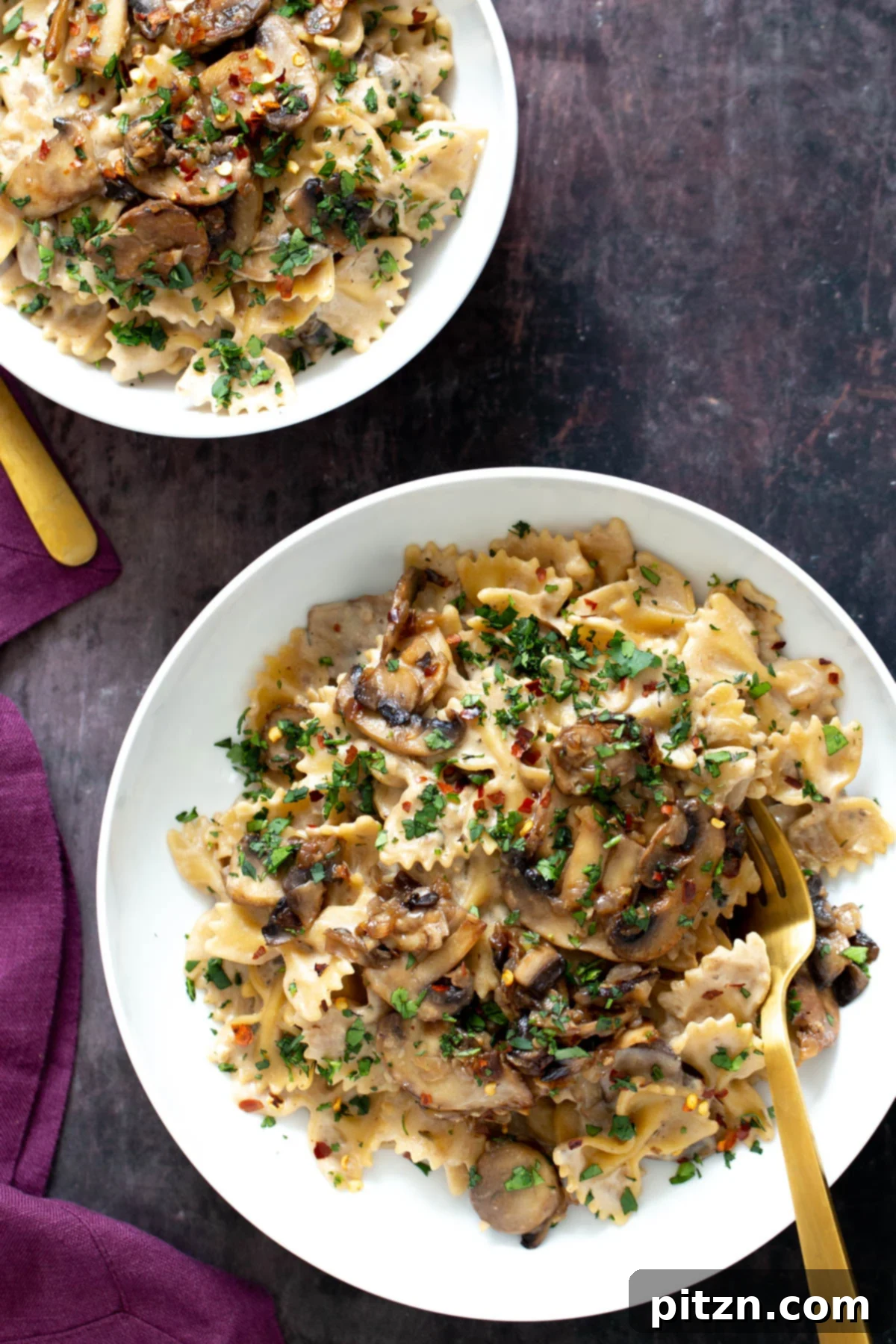 vegan mushroom stroganoff two plates with vegan mushroom stroganoff