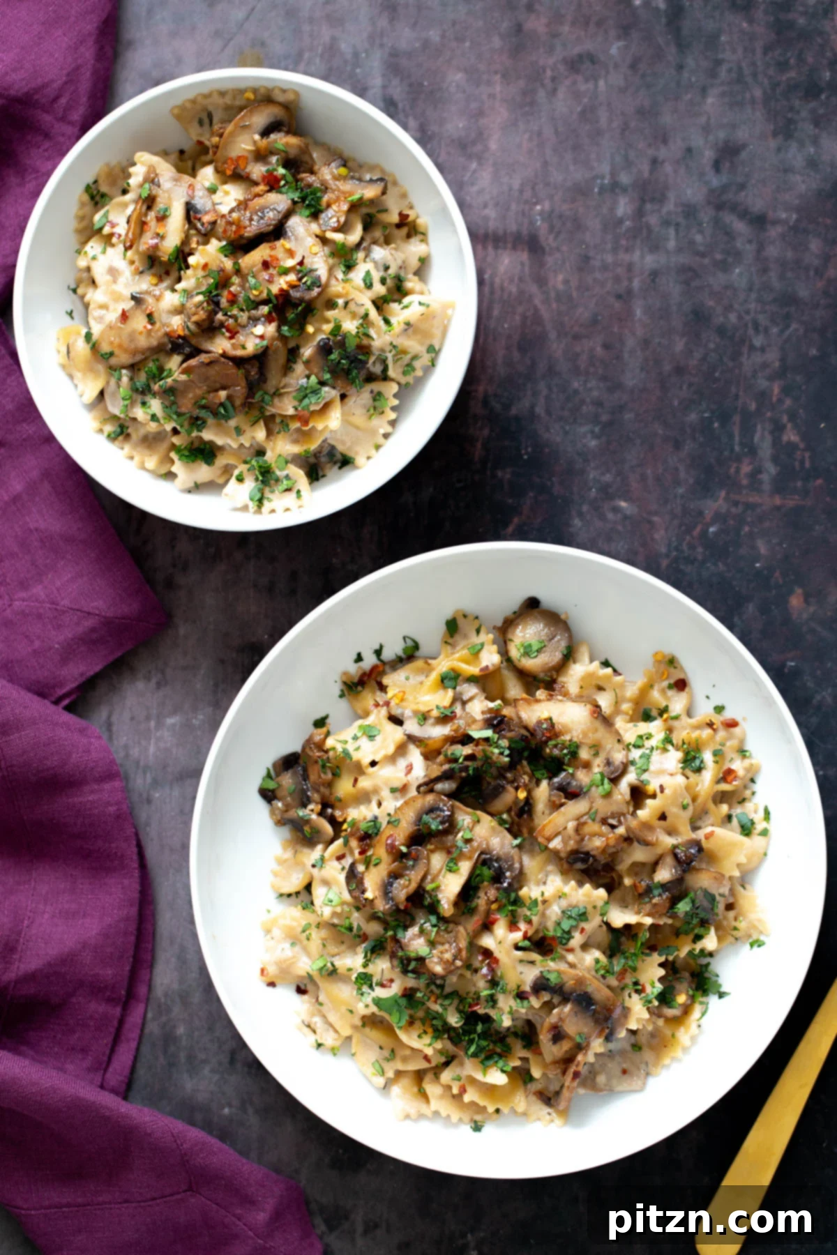 vegan mushroom stroganoff two plates with farfalle pasta topped with vegan mushroom stroganoff