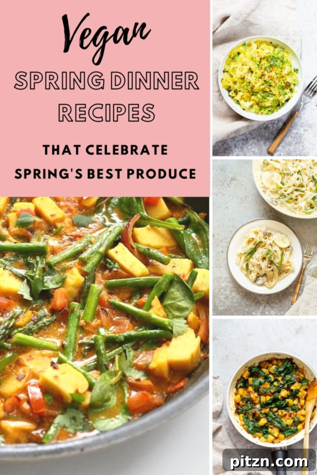 Delicious Vegan Spring Dinner Recipes collage of diverse vegan spring dinner recipes featuring fresh vegetables