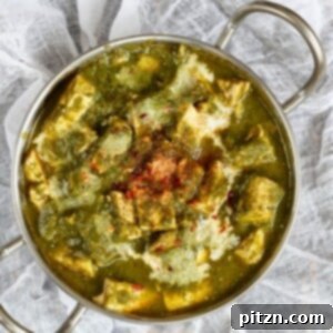 Vegan Palak Tofu Paneer, tofu in a vibrant spinach sauce