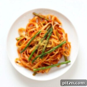Fettuccine with Tomato Cream Sauce and Asparagus