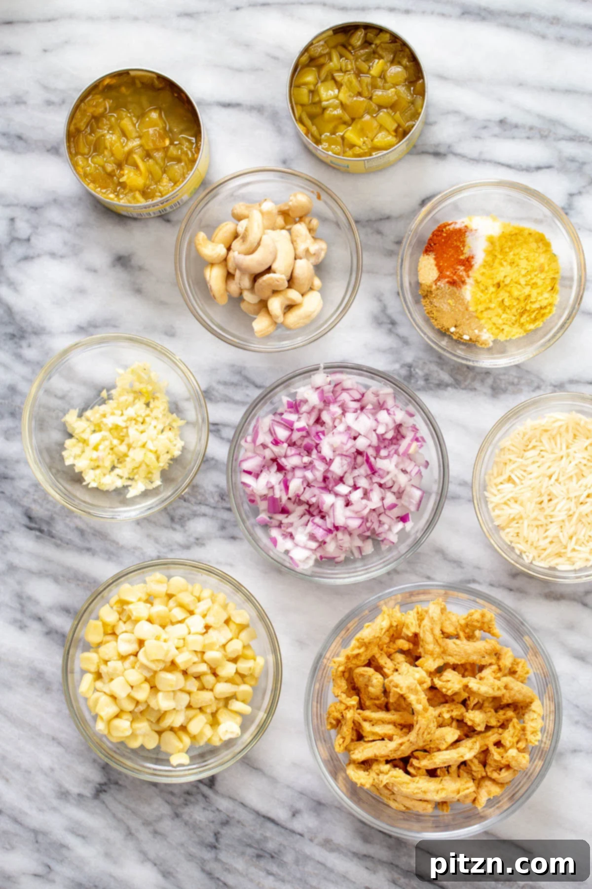 vegan enchilada soup ingredients ingredients needed for making vegan enchilada soup including soy curls, rice, corn, green chiles, spices, onion, and garlic