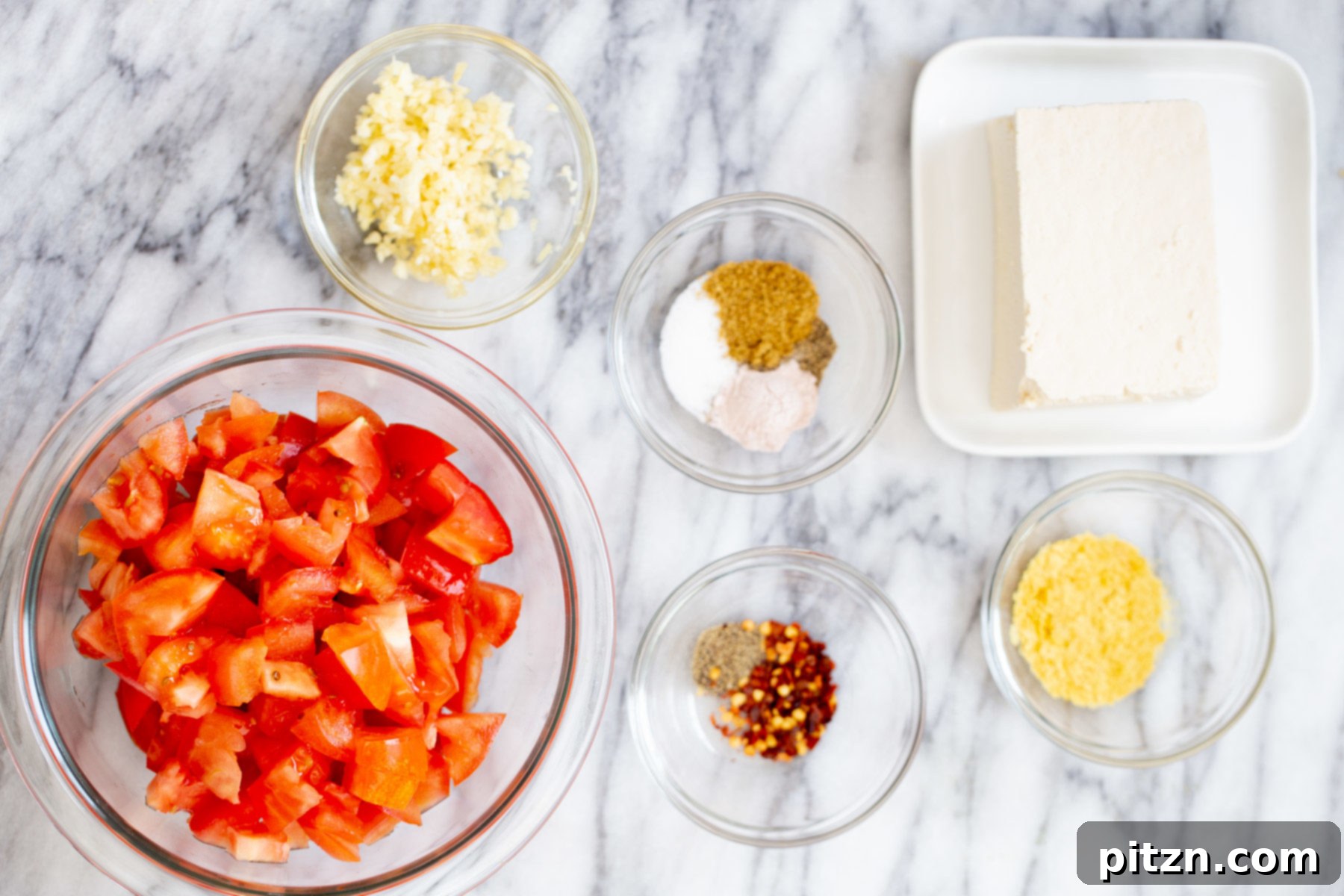 Vegan Tofu Shakshuka 5 ingredients needed for making vegan eggs in purgatory