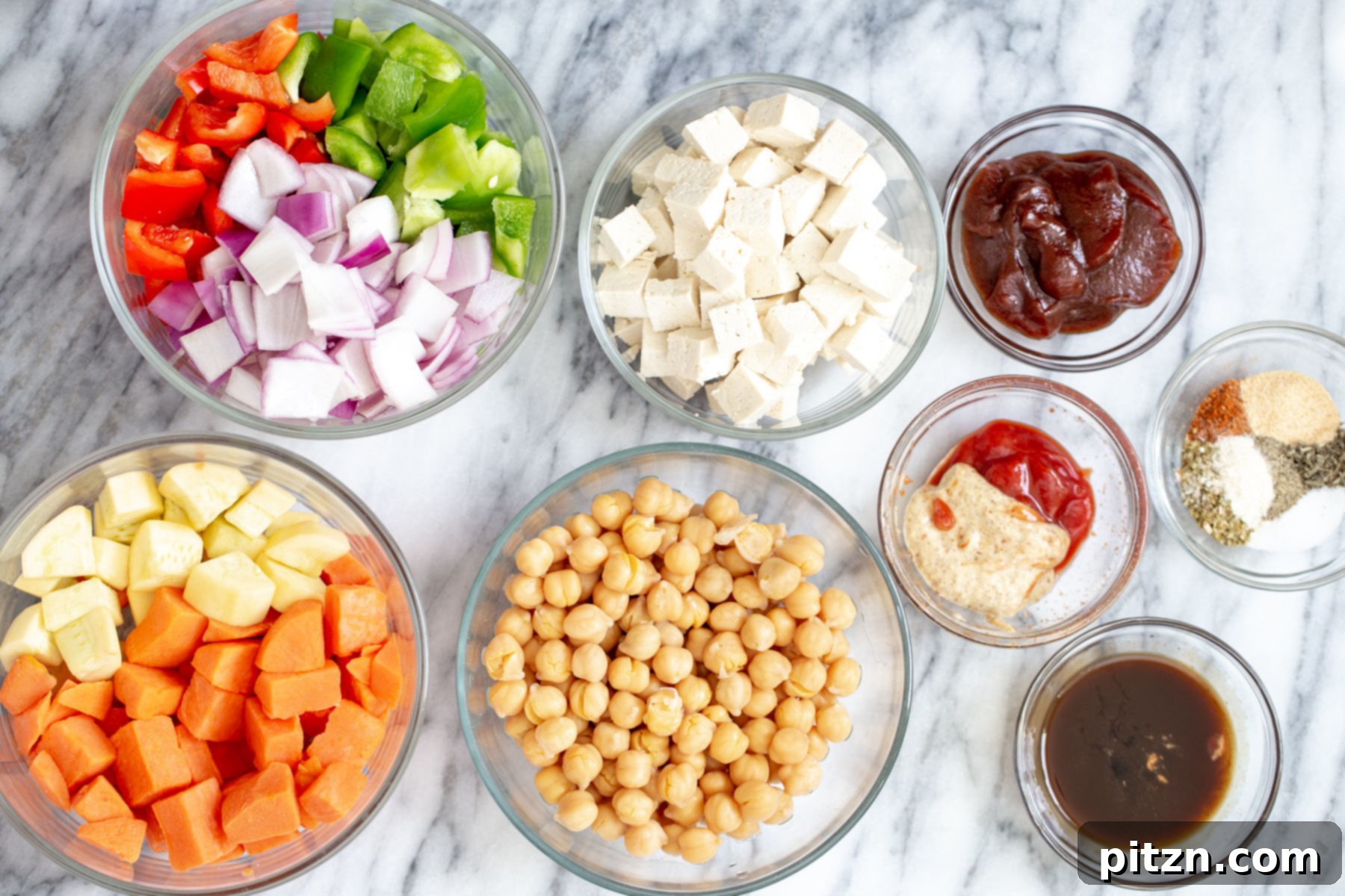 Cheeseburger Sheet Pan Veggies with Garlic Aioli 5 Ingredients for making vegan cheeseburger casserole on a marble countertop