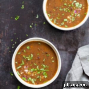 An overhead shot of two bowls of rich, dark vegan black bean soup, garnished with vibrant green cilantro, set against a black background.