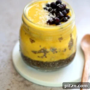 Golden Mango Overnight Oats with Turmeric and Chia Seeds, topped with fresh mango pieces, offering a refreshing and healthy breakfast option.