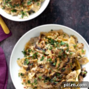A rich and creamy Vegan Mushroom Stroganoff served over pasta, garnished with fresh parsley, highlighting its comforting and indulgent texture.