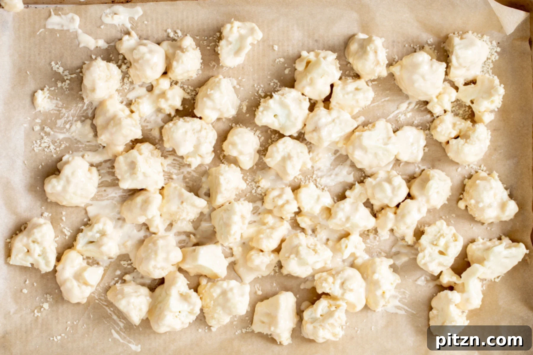 Golden Baked Cauliflower Manchurian 9 Evenly battered and breaded cauliflower florets arranged on a parchment-lined baking sheet, ready for baking