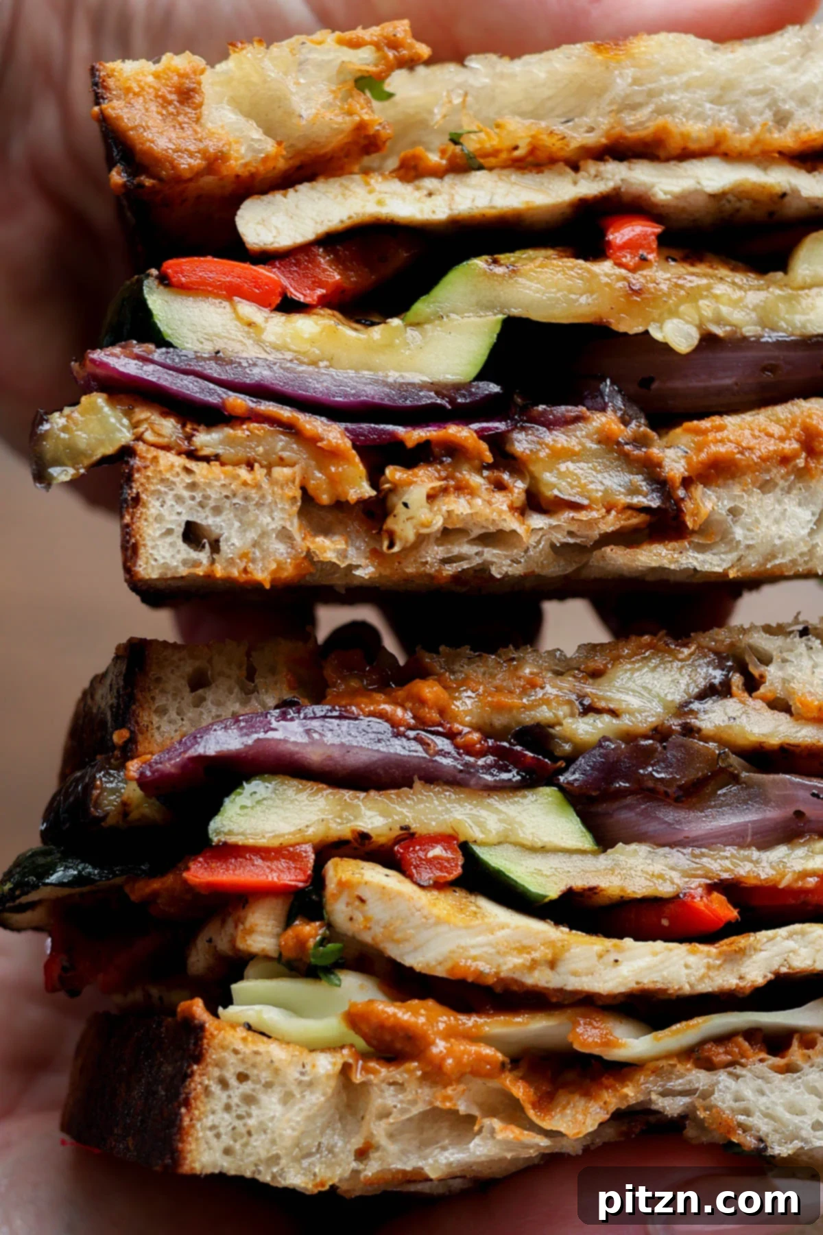 Mediterranean Grilled Veggie with Sun-Kissed Tomato & Basil Pesto 2 hands holding a sliced grilled veggie sandwich, showcasing layers of vegetables and spread