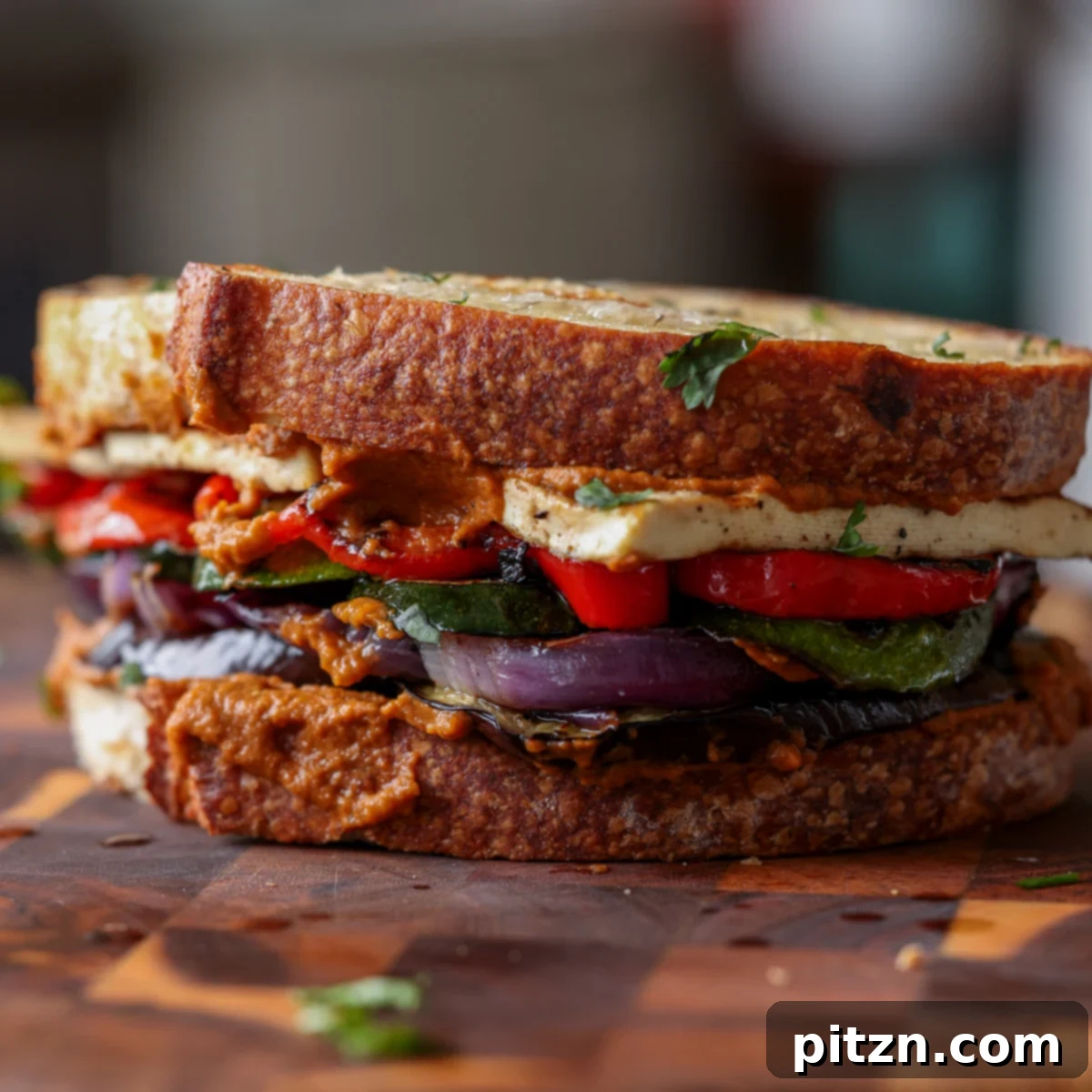 Mediterranean Grilled Veggie with Sun-Kissed Tomato & Basil Pesto 18 grilled veggie sandwich on the cutting board, sliced in half