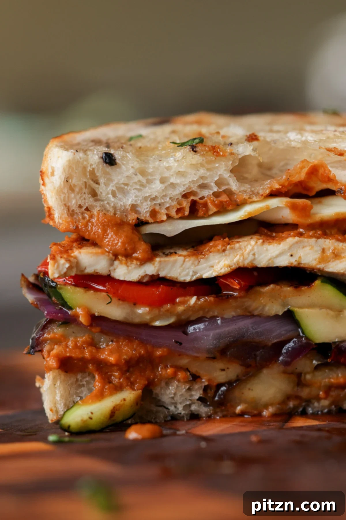 Mediterranean Grilled Veggie with Sun-Kissed Tomato & Basil Pesto 4 close-up of grilled veggie sandwich sliced in half on the cutting board, ready to serve