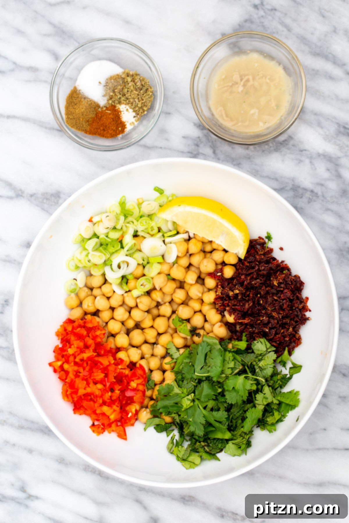 Vibrant Mediterranean Chickpea Sandwich 5 ingredients needed for making vegan Mediterranean chickpea salad