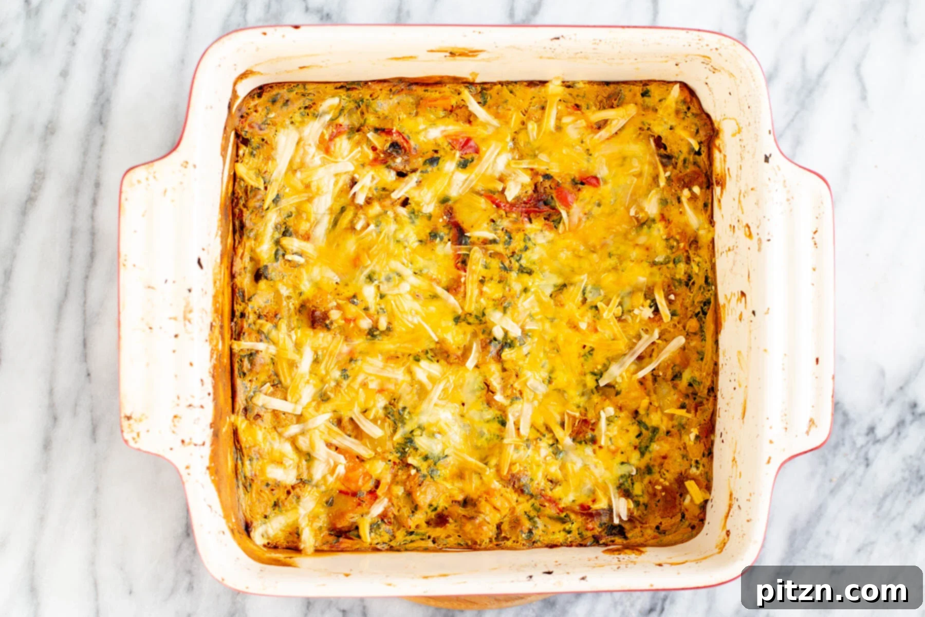 An overhead shot of the freshly baked Vegan Mexican Egg Casserole, showcasing its golden crust and vibrant ingredients.