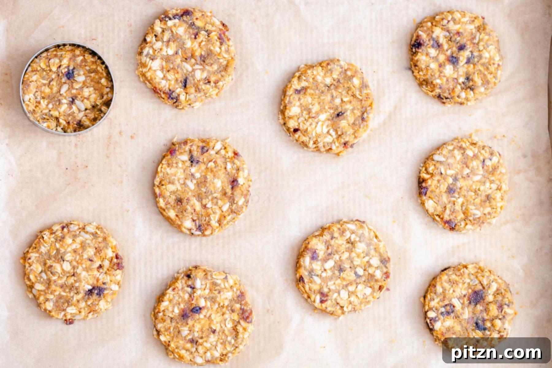Unbaked pumpkin breakfast cookies Unbaked pumpkin breakfast cookies neatly arranged on a parchment-lined cookie sheet, ready for the oven.