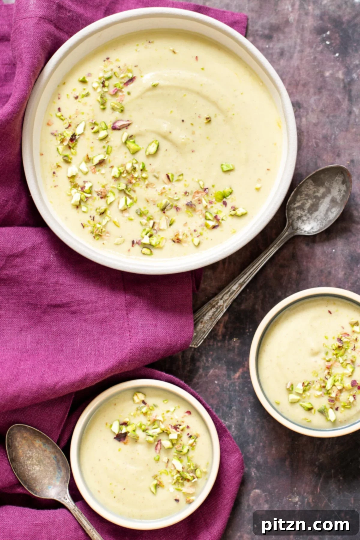Three servings of Indian Pudding Rabri topped with chopped pistachios