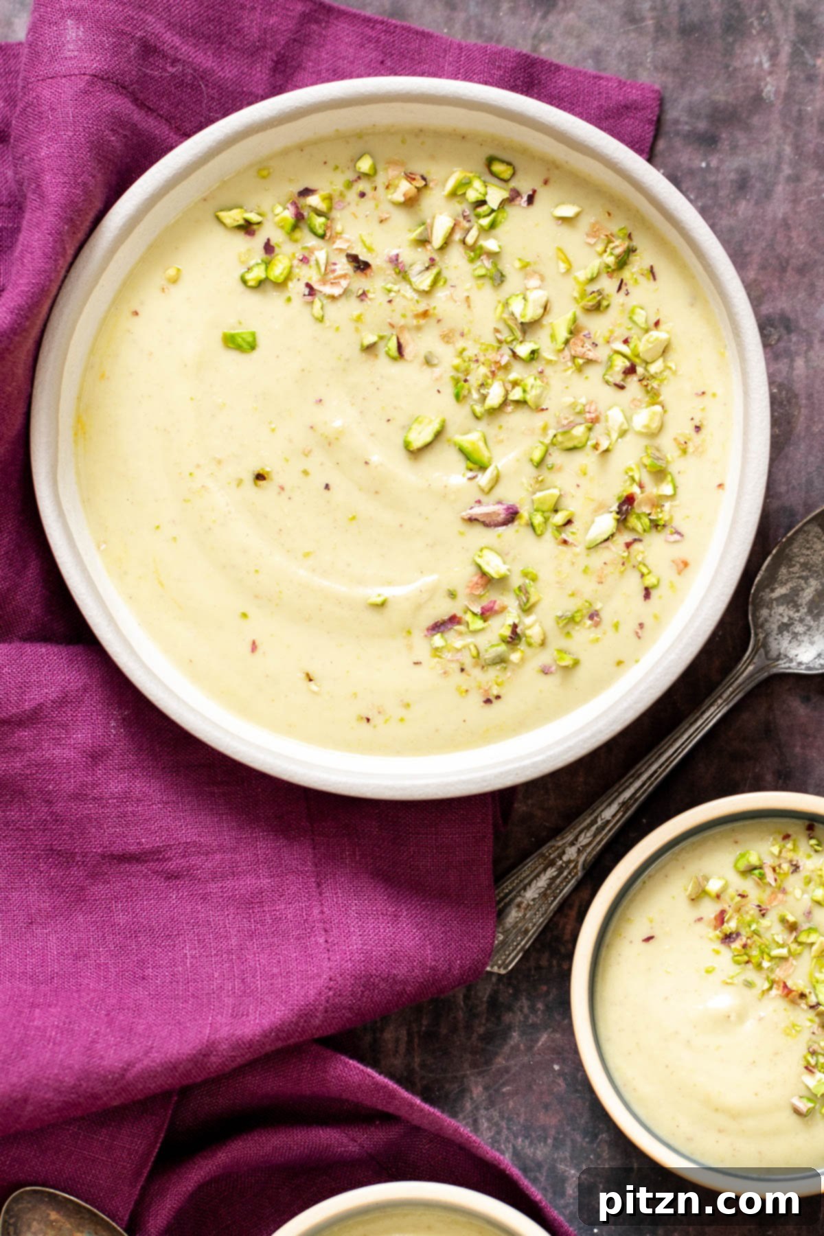Three bowls of Indian rabri pudding chopped with pistachio