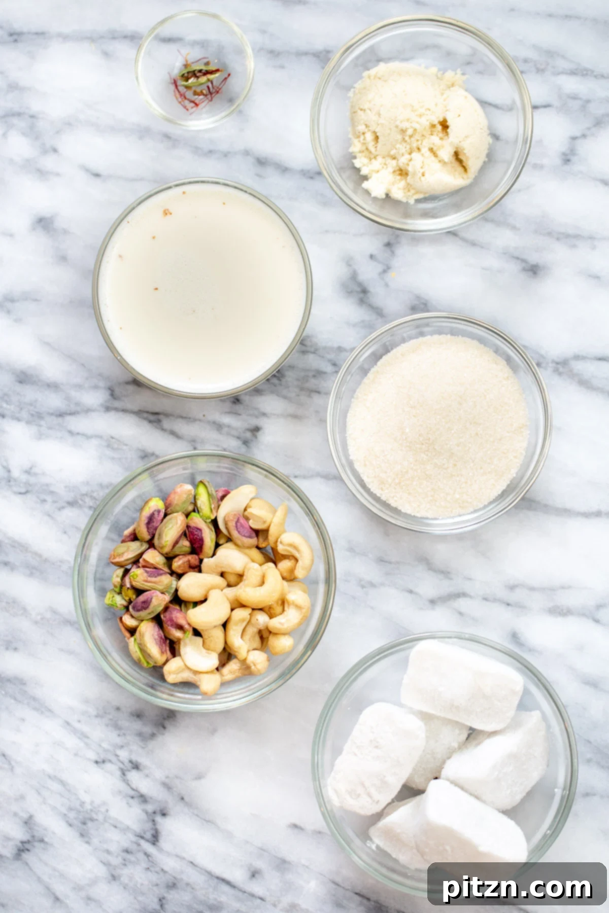 Ingredients for Indian milk pudding rabri in bowls