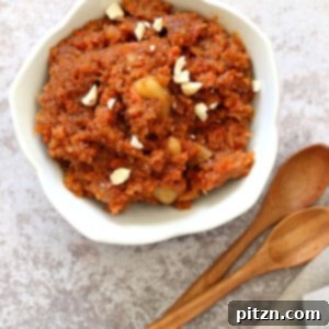 Instant Pot Gajar Halwa - Vegan Carrot Halwa Recipe. Carrot Halwa is an Indian dessert, a flourless Carrot Cake Crumble/pudding that is spiced with cardamom and served during festivals.