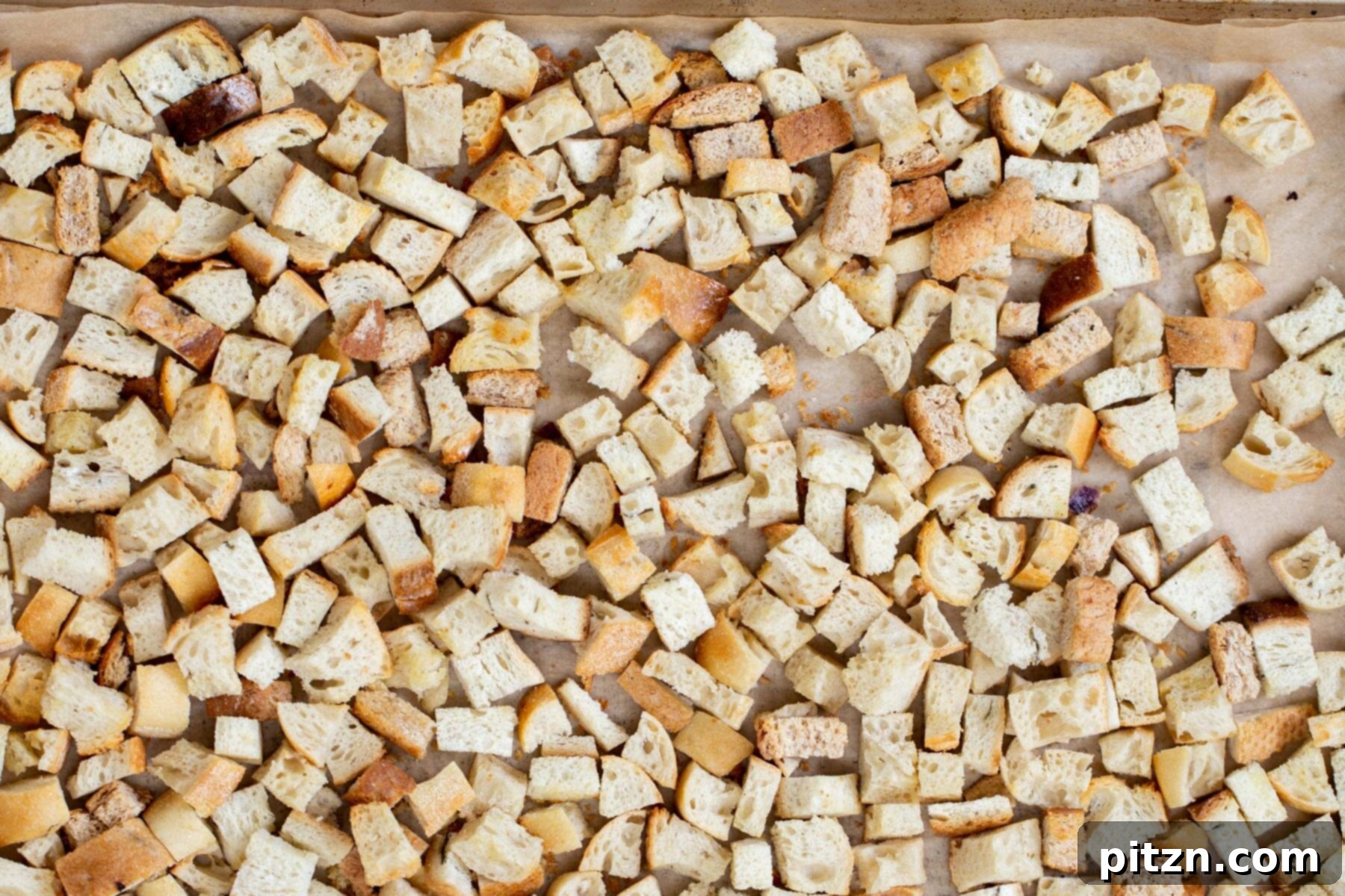 Toasted bread cubes, golden and slightly crispy, cooling on a baking sheet after being removed from the oven.