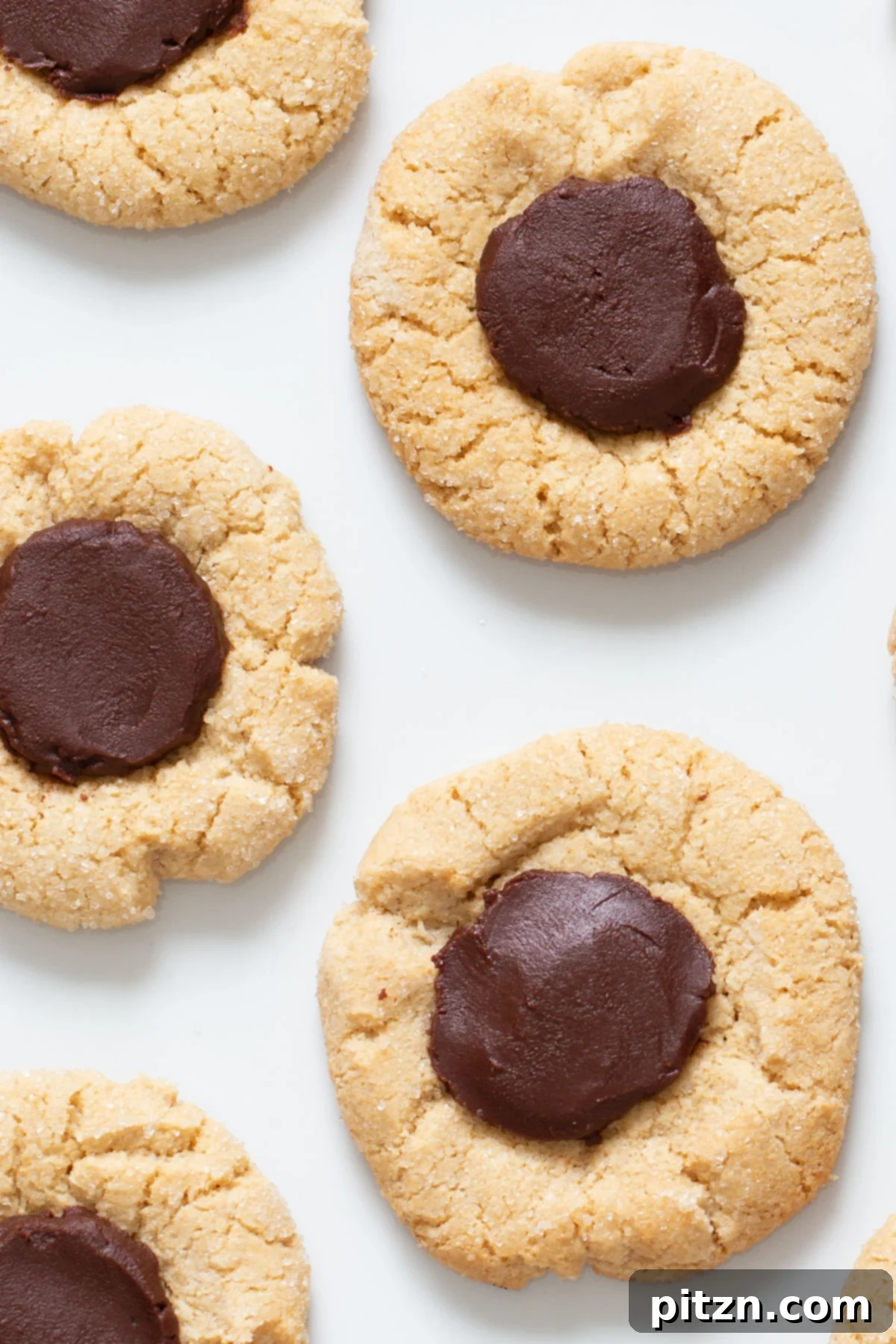 Delicious Gluten-Free Chocolate Thumbprint Cookies Vegan Gluten-Free Chocolate Thumbprint Cookies on a marble counter, showcasing their perfect round shape and chocolate centers.