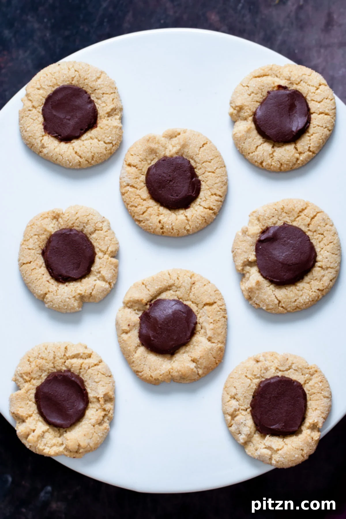 Decadent Gluten-Free Chocolate Thumbprint Cookies Close-up of chocolate-filled vegan gluten-free thumbprint cookies, highlighting the glossy chocolate topping and crumbly cookie base.