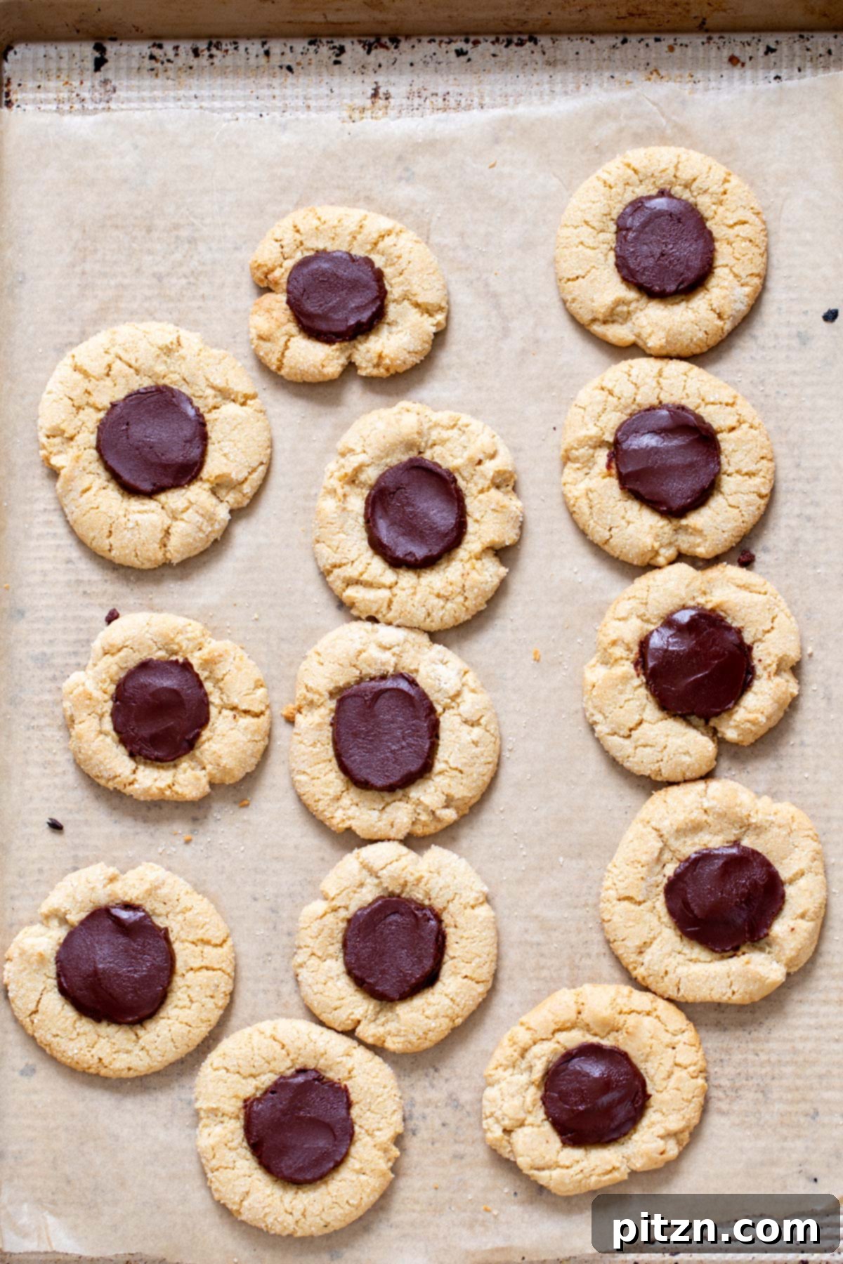 Gluten-Free Thumbprint Cookies Ready for Baking Vegan Gluten-Free Chocolate Thumbprint Cookies arranged on a baking sheet, ready to be baked.