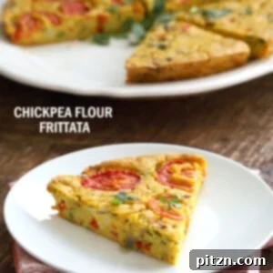 Chickpea Flour Frittata - Eggless Vegan Frittata Recipe. This Chickpea flour frittata is filling, easy and delicious. Use the batter to make pancakes, crepes, crustless quiche.