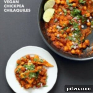 Vegan Chilaquiles with spiced Chickpeas. Spiced Chickpeas and crisped tortilla with easy red sauce. Easy Chilaquiles Recipe.