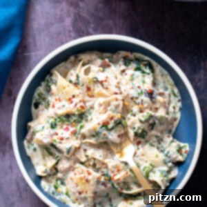 Vegan Spinach Alfredo Skillet Lasagna, an easy one-skillet pasta recipe.