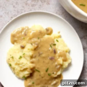 vegan gravy on top of mashed potatoes