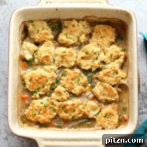 Our Vegan Pot Pie in an off- white baking dish
