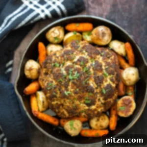 Baked Whole Roasted Cauliflower, a stunning and flavorful vegan main dish for holidays.