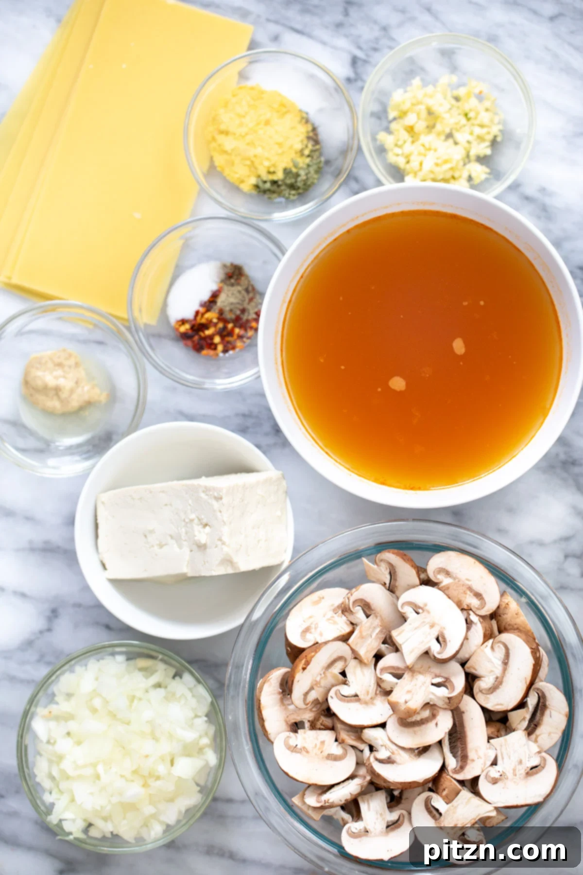 Effortless One-Pan Vegan White Lasagna with Tofu Bechamel 7 ingredients needed for making vegan one pan white lasagna