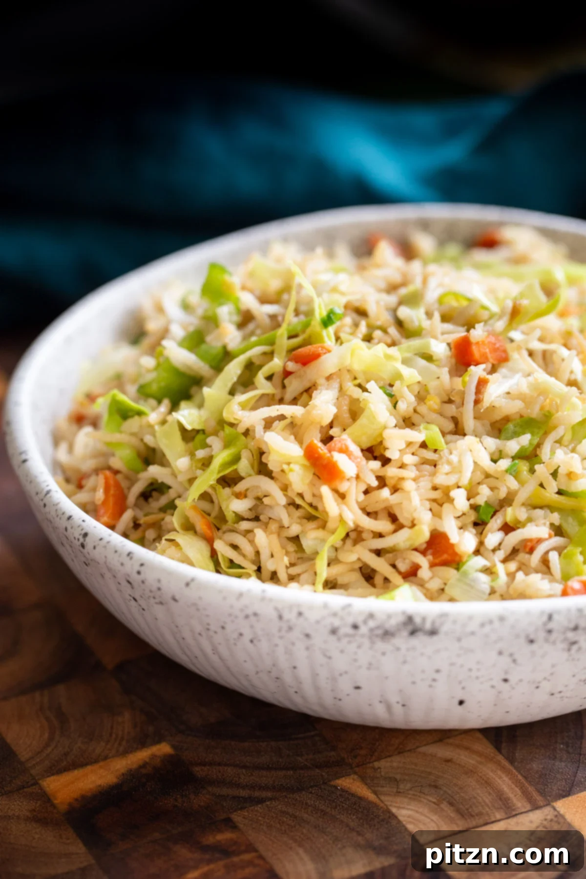 Indo Chinese fried rice A beautifully presented bowl of Indo-Chinese Fried Rice, showcasing vibrant vegetables and fluffy rice, ready to be enjoyed.
