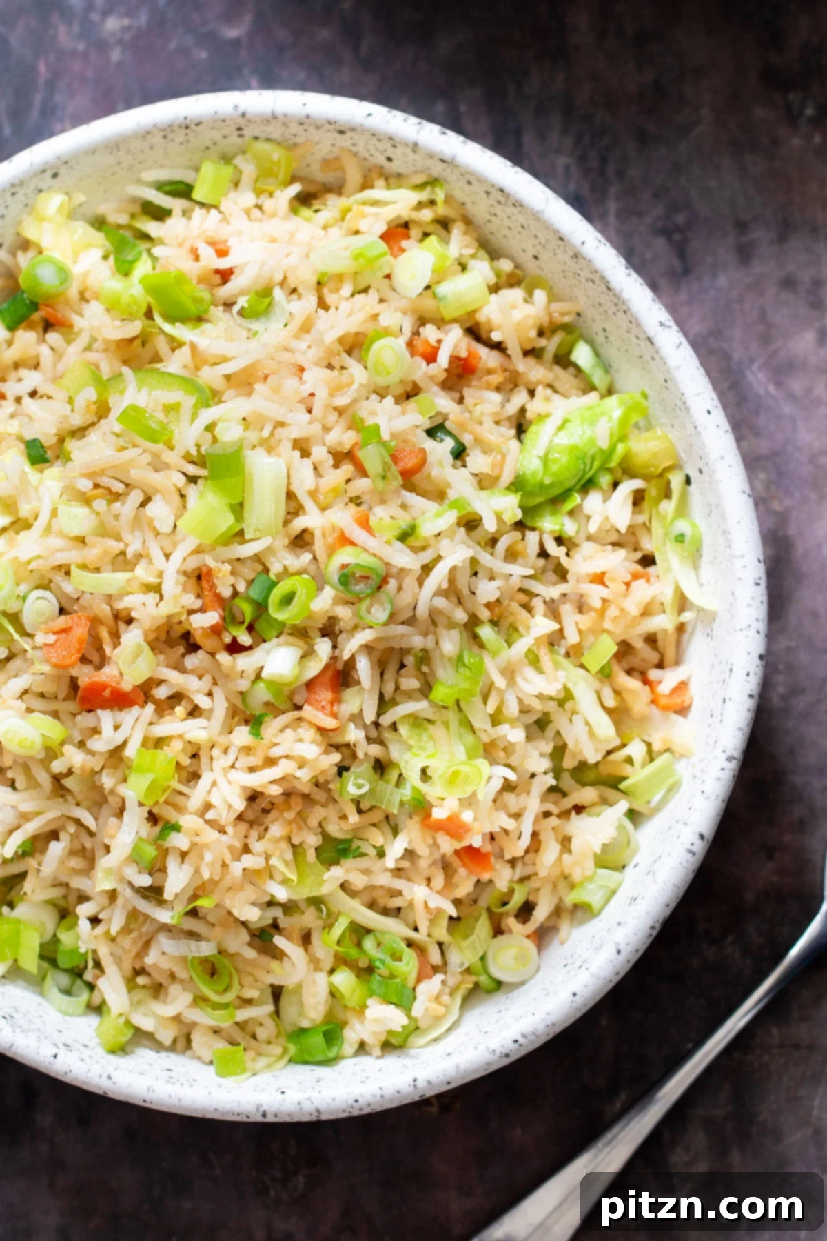 Indo-Chinese Fried Rice 2 Overhead view of a delectable bowl of Indo-Chinese Fried Rice, garnished and ready to be served, highlighting its vibrant ingredients.