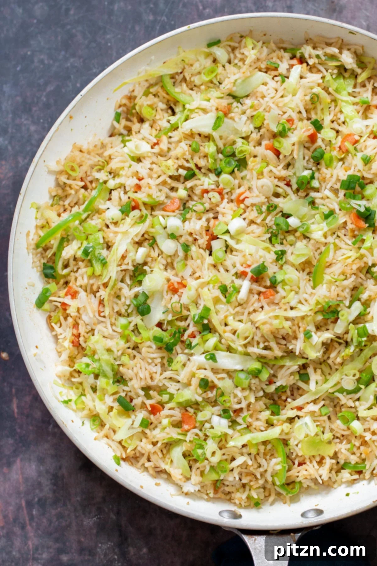 Indo Chinese fried rice A generous serving of Indo-Chinese Fried Rice in a white bowl, elegantly garnished with chopped scallions, ready for enjoyment.