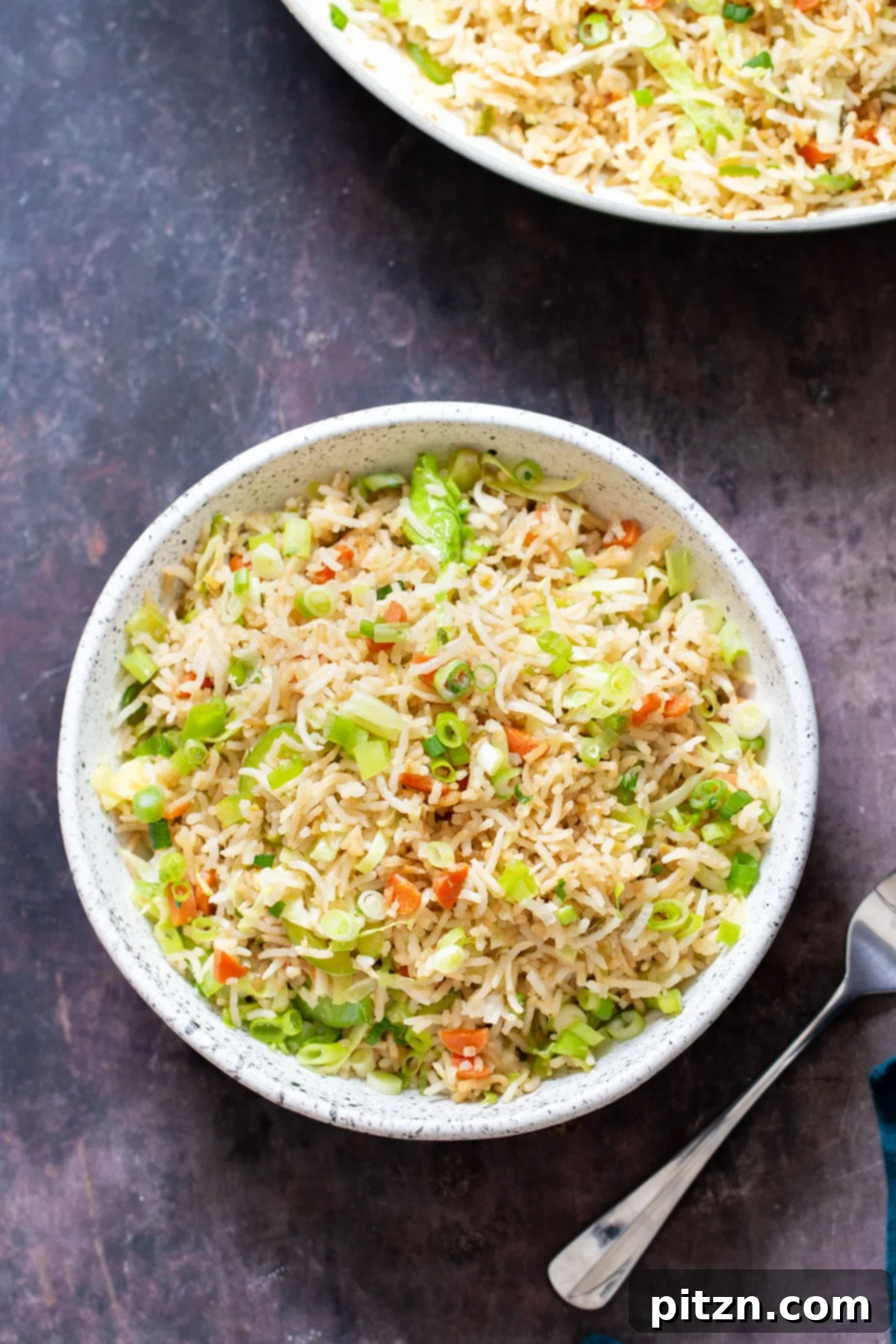Two bowls of freshly prepared Indo-Chinese Fried Rice, artfully arranged and garnished, signifying a delightful meal.