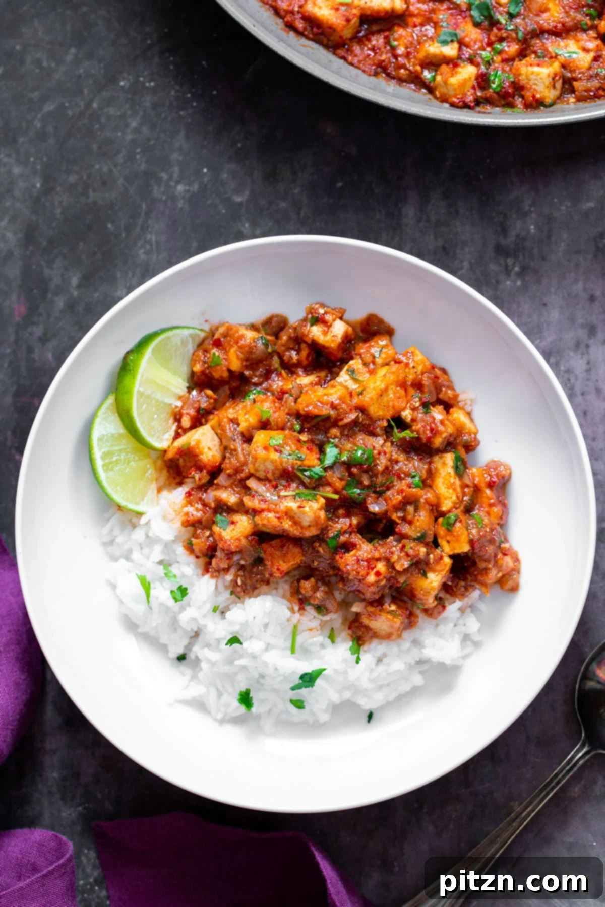 Vegan Tofu Vindaloo curry garnished with fresh parsley and served alongside fluffy rice, ready to be enjoyed.