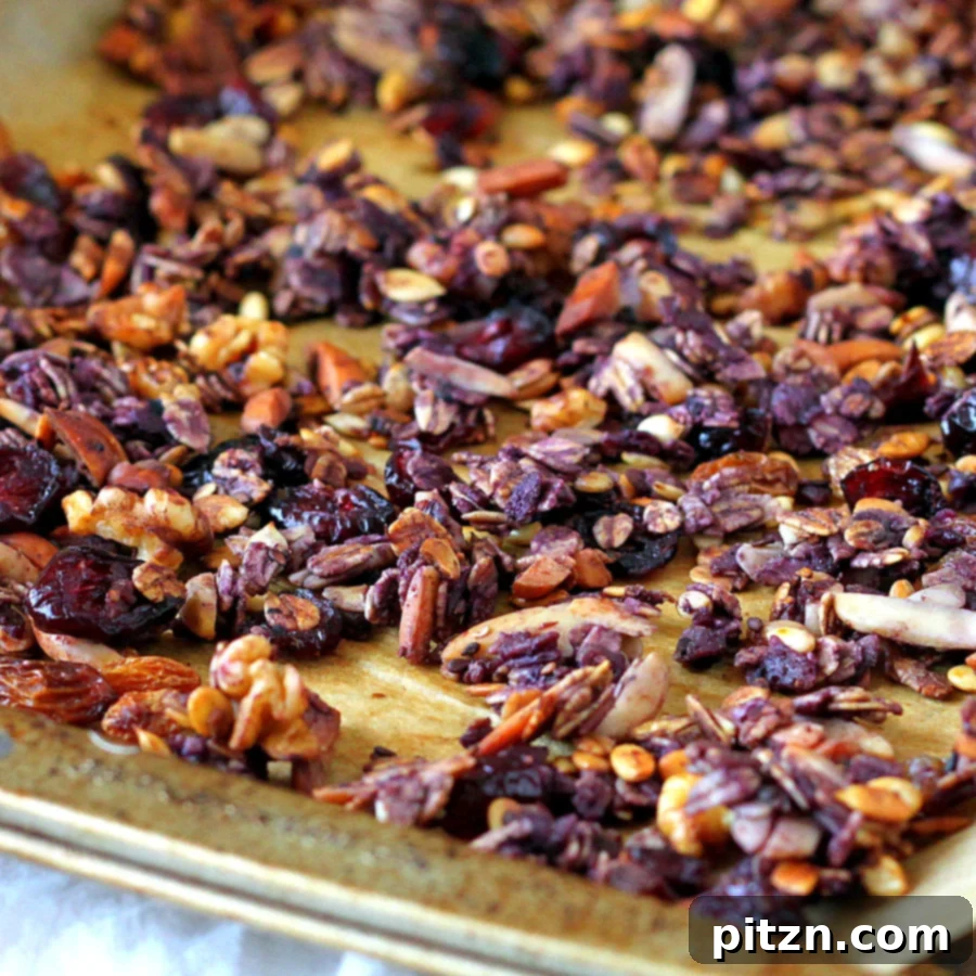 Golden brown berry granola cooling on a baking tray after being baked.