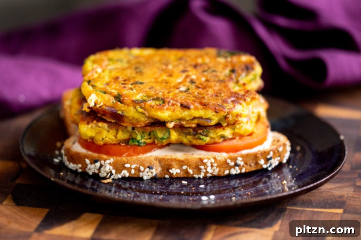 Savory Chickpea Flour Breakfast Combo 15 Assembled vegan chickpea flour breakfast sandwich showcasing layers of flavor