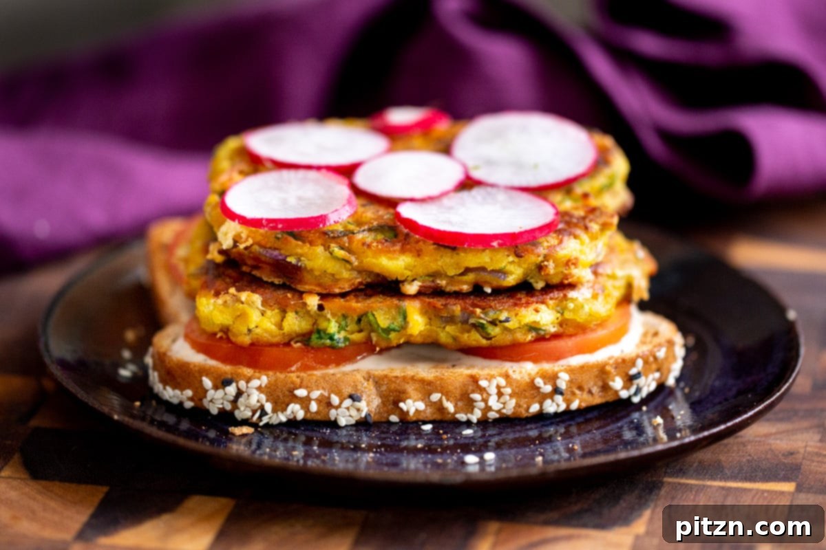 Savory Chickpea Flour Breakfast Combo 16 Vegan breakfast sandwich being assembled with chickpea flour pancakes and crisp radishes