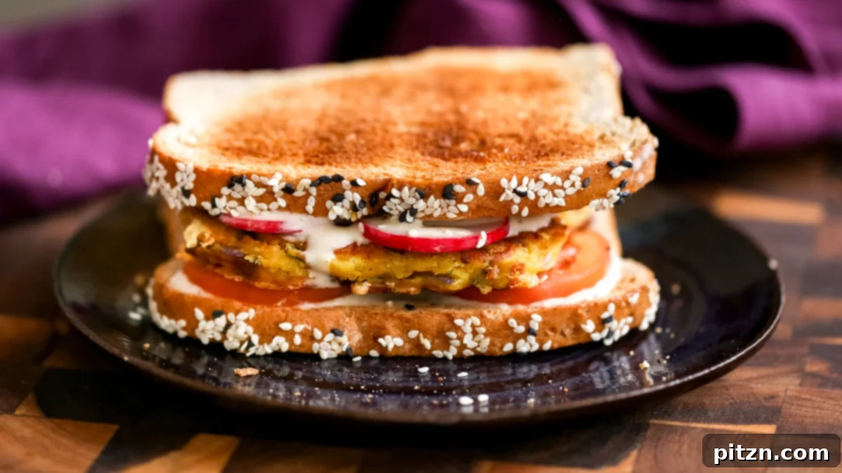 Savory Chickpea Flour Breakfast Combo 17 Side view of a hearty vegan chickpea flour pancake breakfast sandwich