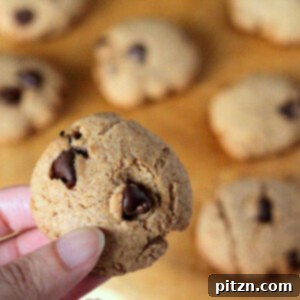 Chocolate chip cookies on a work surface with one being held up towards camera