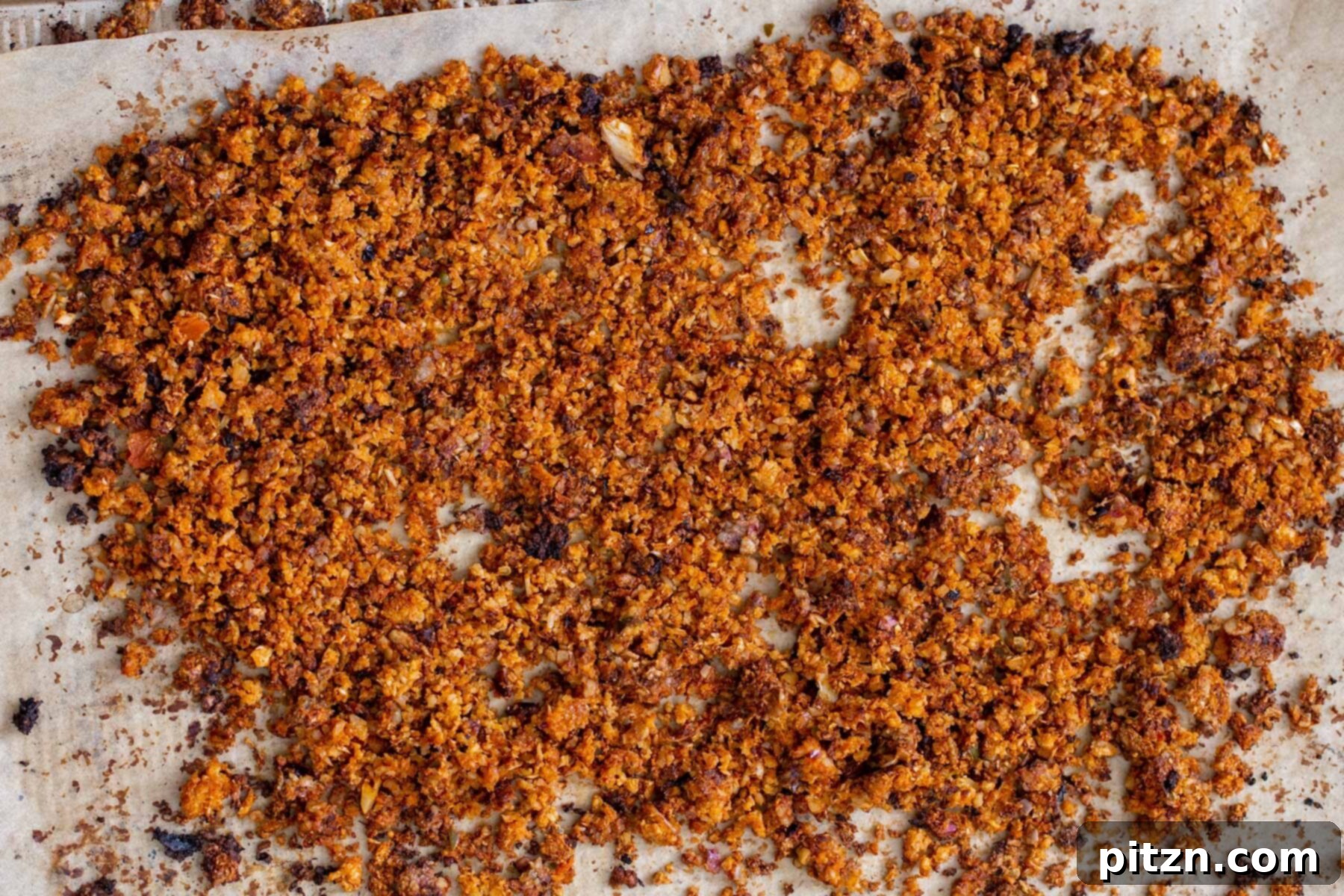 Baked vegan cauliflower taco meat, perfectly golden and crumbly, on a baking sheet, ready to be transferred.