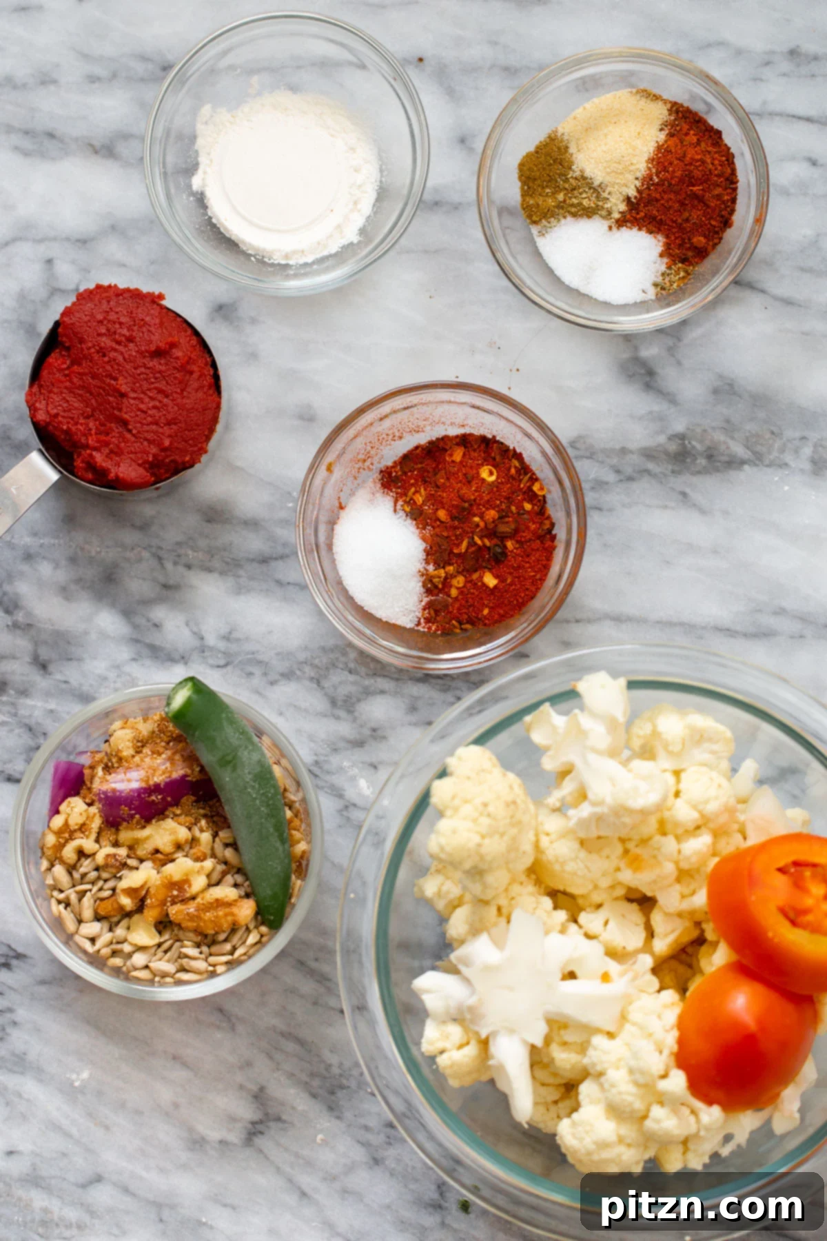 A colorful array of fresh ingredients for making vegan enchiladas, including cauliflower, beans, tomatoes, spices, and tortillas, laid out on a clean surface.